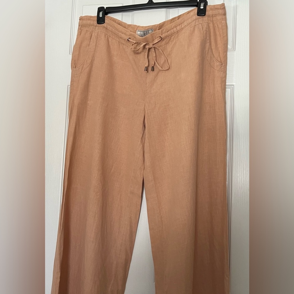 Guess Tan Wide-Leg 100% Linen Casual Relaxed Drawstring Pants Pockets Women’s Xl